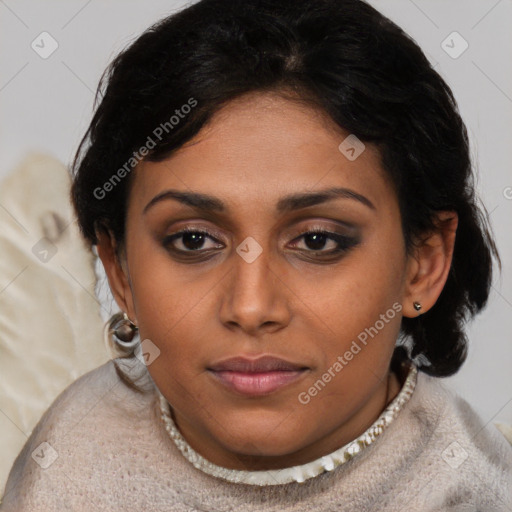 Joyful latino young-adult female with medium  black hair and brown eyes