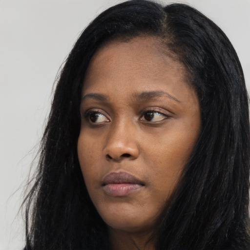 Neutral asian young-adult female with long  black hair and brown eyes