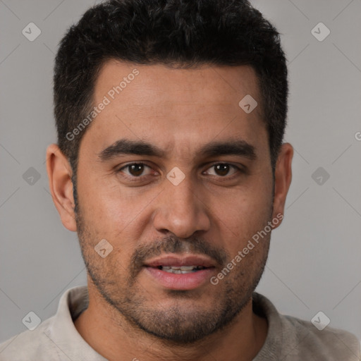 Neutral white young-adult male with short  brown hair and brown eyes
