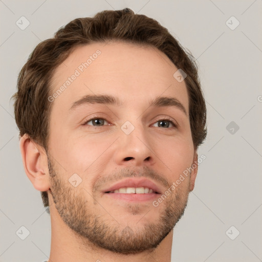 Neutral white young-adult male with short  brown hair and grey eyes