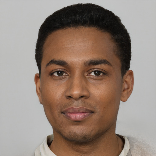 Neutral black young-adult male with short  black hair and brown eyes