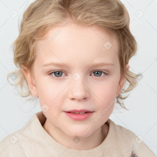 Joyful white child female with medium  brown hair and blue eyes