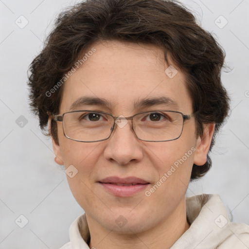 Joyful white adult female with short  brown hair and brown eyes