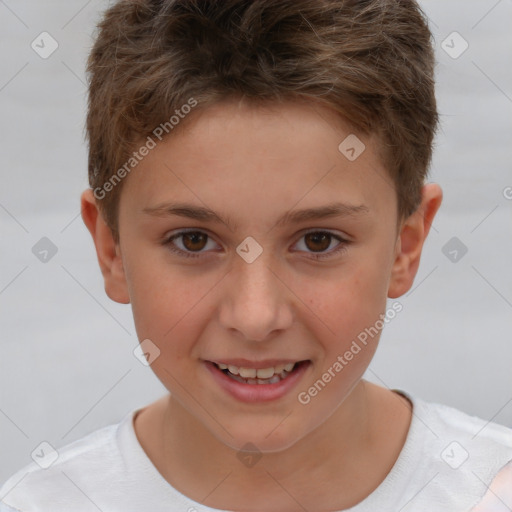 Joyful white child male with short  brown hair and brown eyes