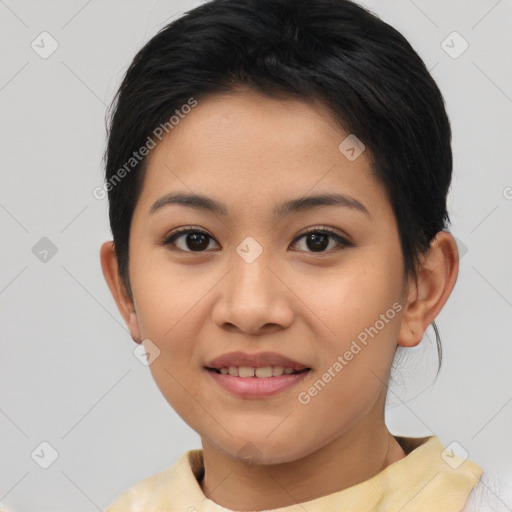 Joyful asian young-adult female with short  brown hair and brown eyes