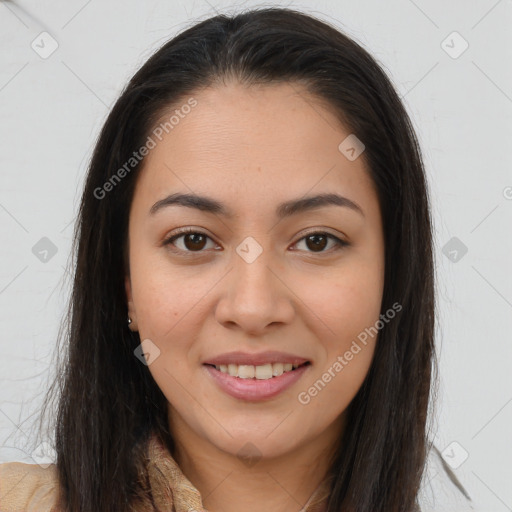 Joyful white young-adult female with long  brown hair and brown eyes