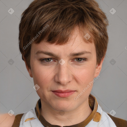 Joyful white young-adult female with short  brown hair and grey eyes