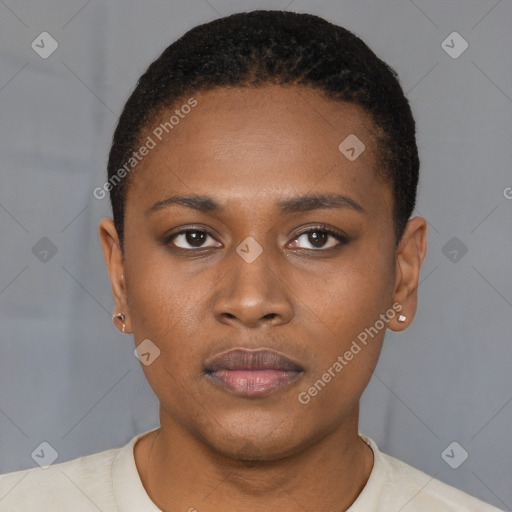 Neutral black young-adult female with short  black hair and brown eyes