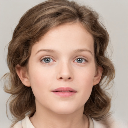 Neutral white child female with medium  brown hair and grey eyes