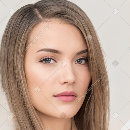 Neutral white young-adult female with long  brown hair and brown eyes