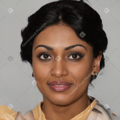 Joyful latino young-adult female with medium  black hair and brown eyes