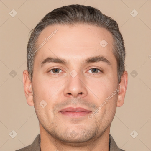 Neutral white adult male with short  brown hair and brown eyes