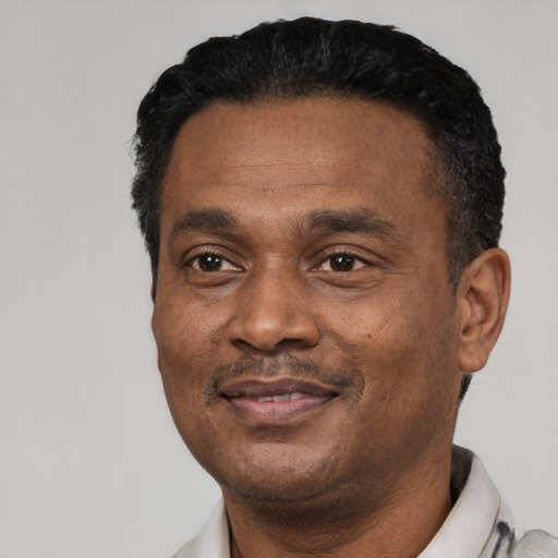 Joyful black adult male with short  black hair and brown eyes