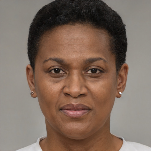 Joyful black adult female with short  brown hair and brown eyes