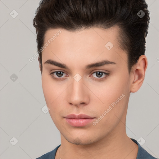 Neutral white young-adult male with short  brown hair and brown eyes