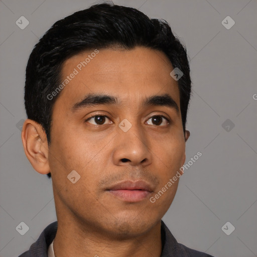 Neutral asian young-adult male with short  black hair and brown eyes