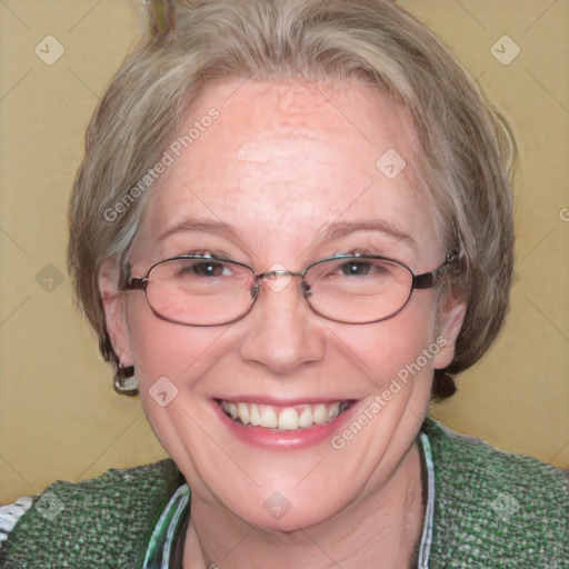 Joyful white adult female with medium  brown hair and blue eyes