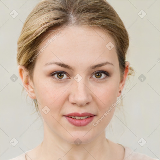 Joyful white young-adult female with medium  brown hair and green eyes