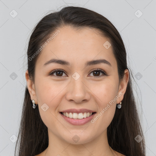 Joyful white young-adult female with long  brown hair and brown eyes