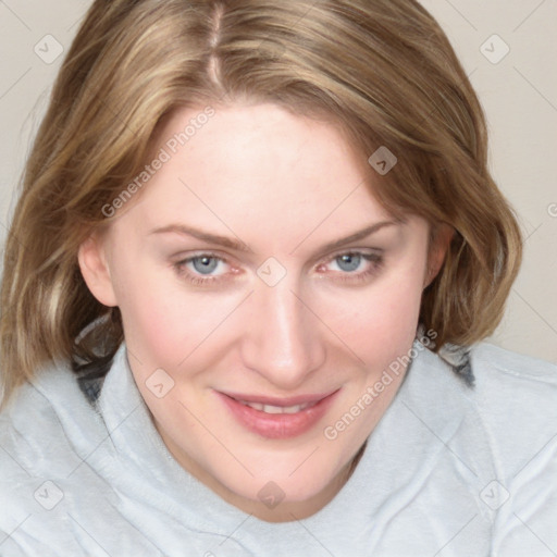 Joyful white young-adult female with medium  brown hair and blue eyes