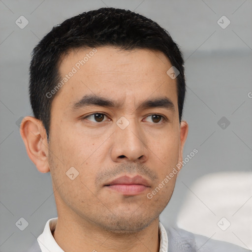 Neutral asian young-adult male with short  black hair and brown eyes