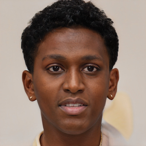 Neutral black young-adult male with short  black hair and brown eyes