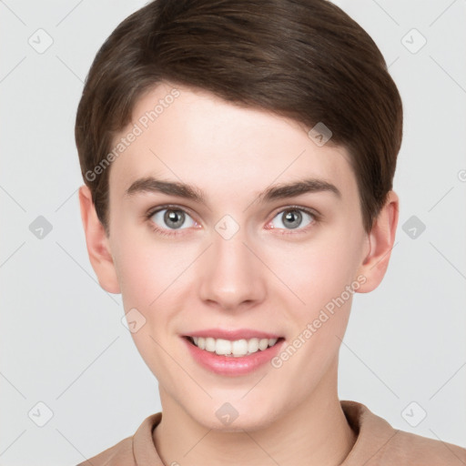 Joyful white young-adult female with short  brown hair and grey eyes