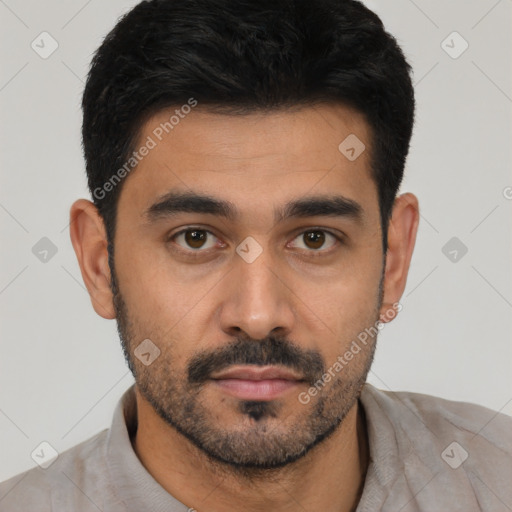 Neutral latino young-adult male with short  black hair and brown eyes