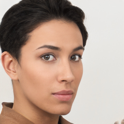 Neutral white young-adult female with short  brown hair and brown eyes