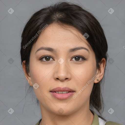 Joyful asian young-adult female with medium  brown hair and brown eyes