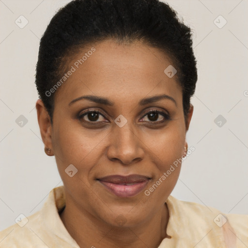 Joyful latino adult female with short  brown hair and brown eyes