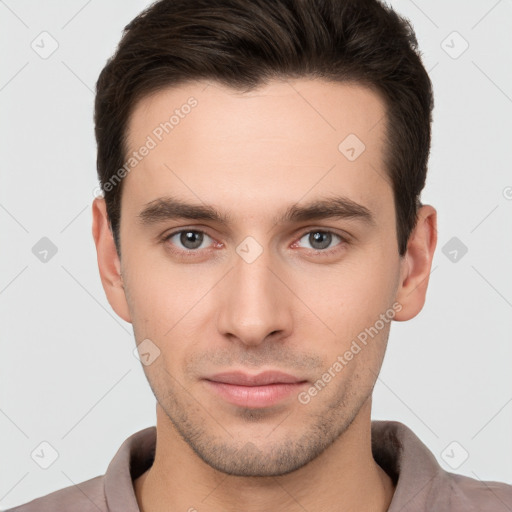 Neutral white young-adult male with short  brown hair and brown eyes