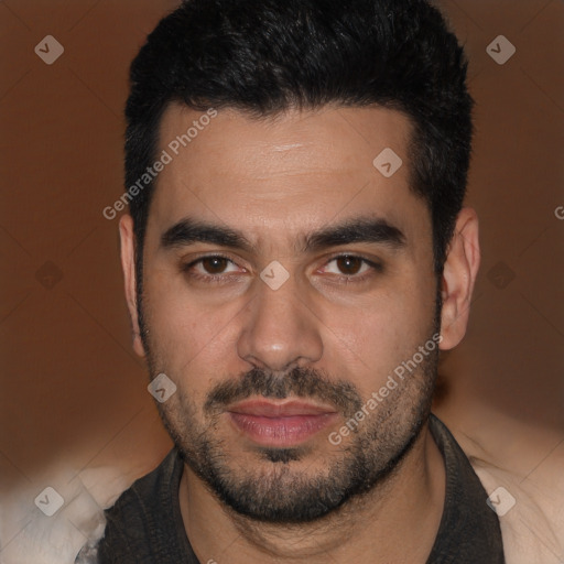 Neutral white young-adult male with short  black hair and brown eyes