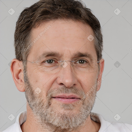 Joyful white middle-aged male with short  brown hair and brown eyes