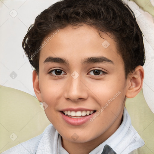 Joyful white child female with short  brown hair and brown eyes