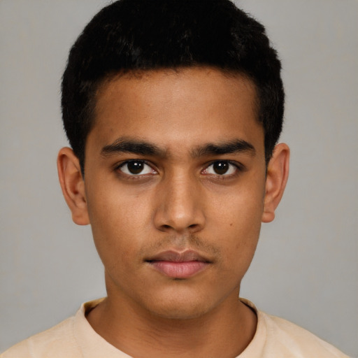 Neutral latino young-adult male with short  black hair and brown eyes