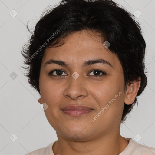 Joyful latino young-adult female with medium  brown hair and brown eyes