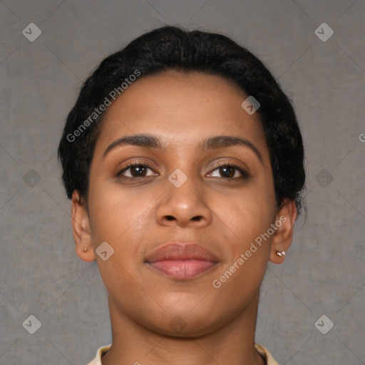 Joyful latino young-adult female with short  black hair and brown eyes