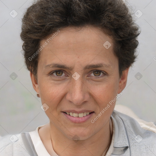 Joyful white adult female with short  brown hair and brown eyes