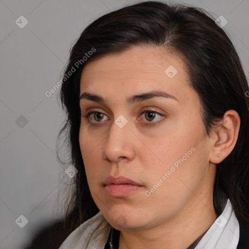 Neutral white young-adult female with medium  brown hair and brown eyes