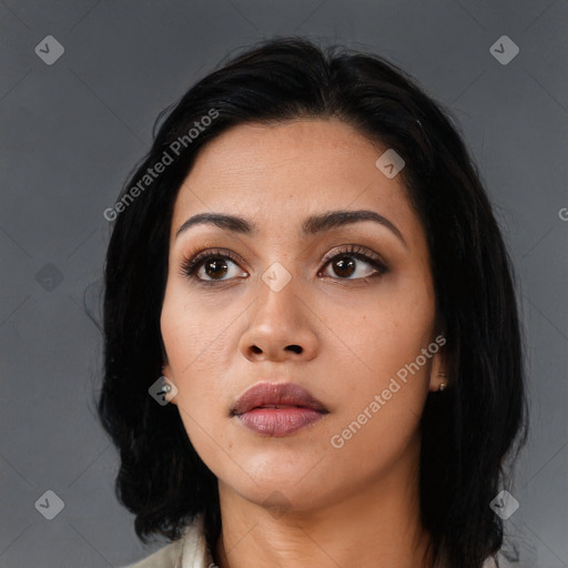 Neutral asian young-adult female with long  black hair and brown eyes