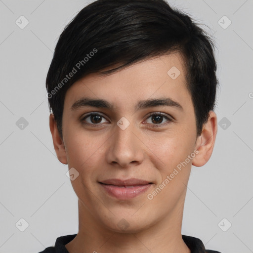 Joyful white young-adult male with short  black hair and brown eyes