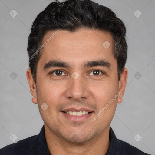 Joyful white young-adult male with short  black hair and brown eyes