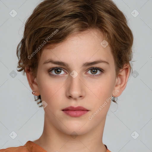 Neutral white young-adult female with short  brown hair and brown eyes