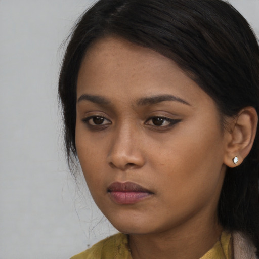 Neutral asian young-adult female with long  black hair and brown eyes