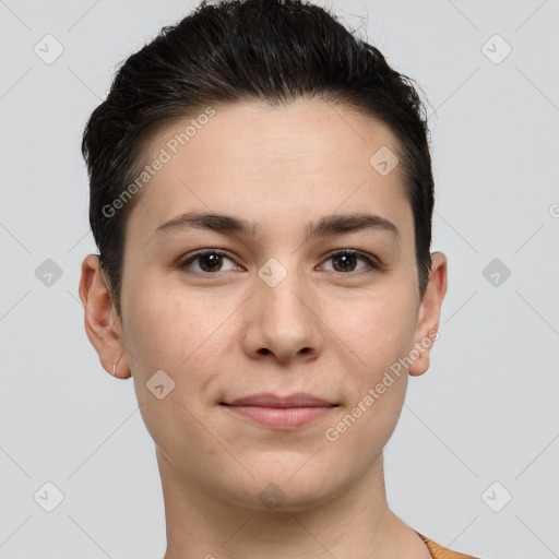 Joyful white young-adult female with short  brown hair and brown eyes