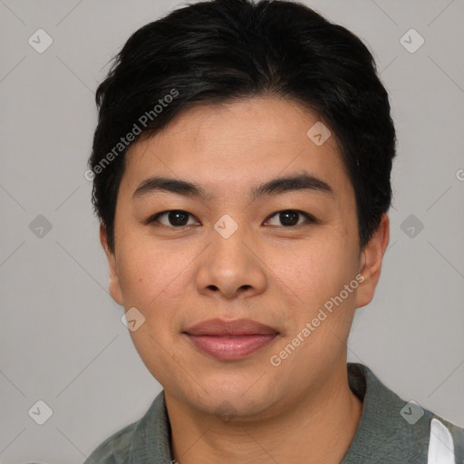 Joyful asian young-adult male with short  black hair and brown eyes