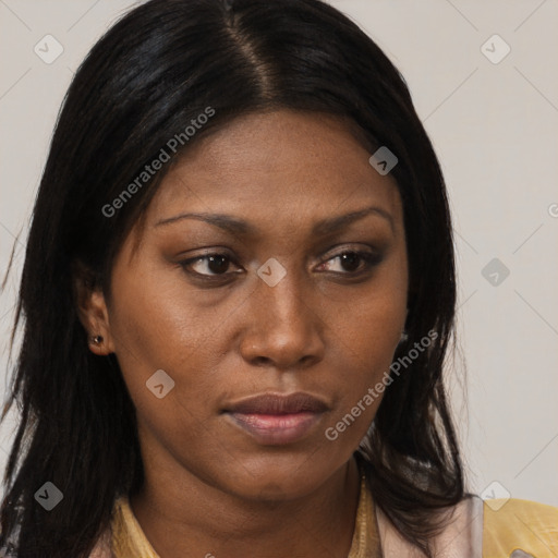 Joyful black young-adult female with long  brown hair and brown eyes