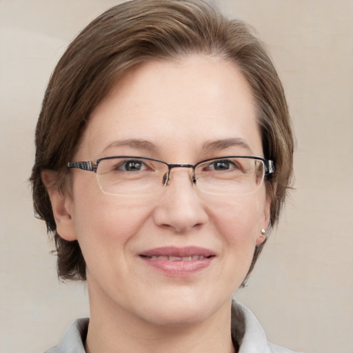 Joyful white adult female with medium  brown hair and grey eyes