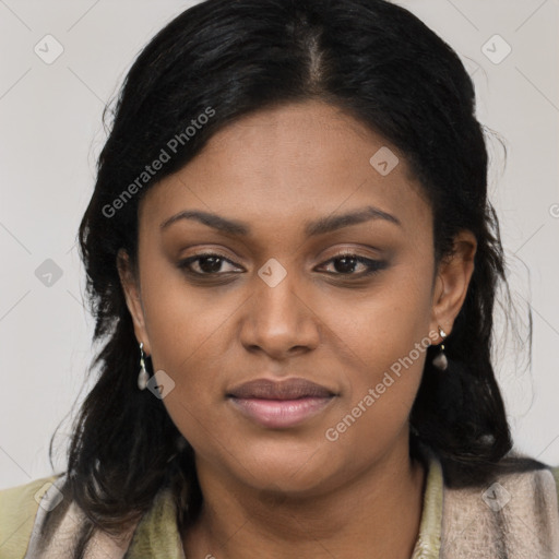 Joyful latino young-adult female with long  black hair and brown eyes